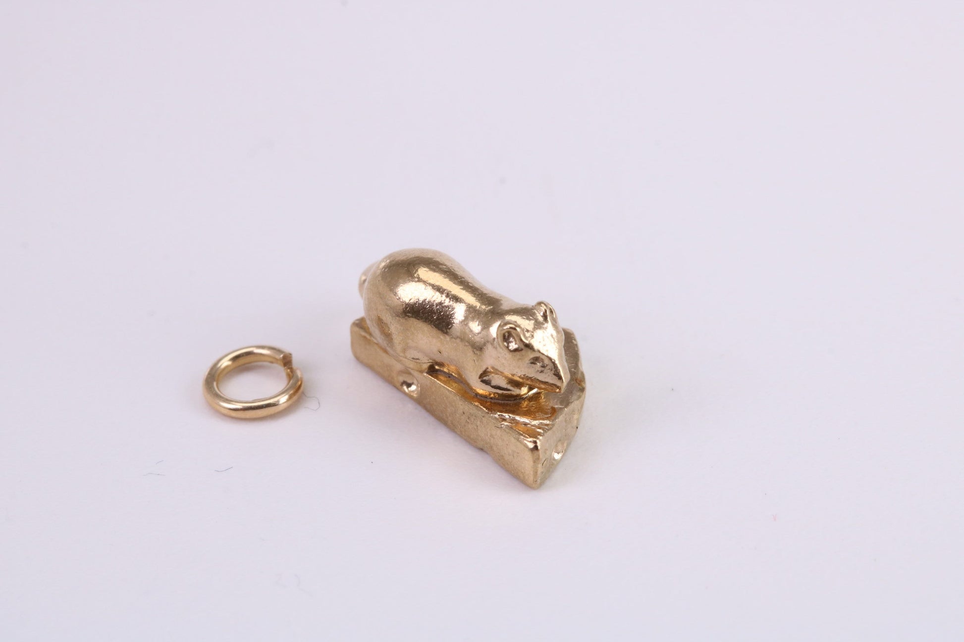 Mouse Eating Cheese Charm, Traditional Charm, Made from Solid Yellow Gold, British Hallmarked, Complete with Attachment Link