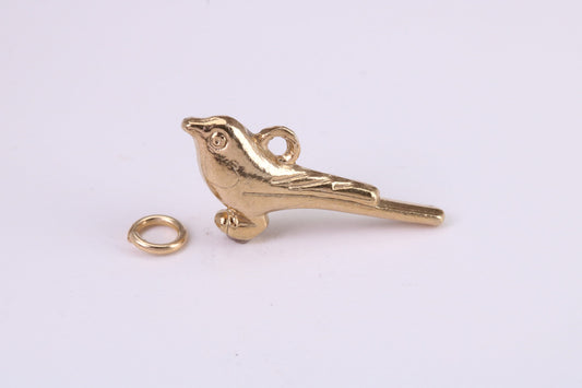 Long Tailed Bird Charm, Traditional Charm, Made from Solid Yellow Gold, British Hallmarked, Complete with Attachment Link
