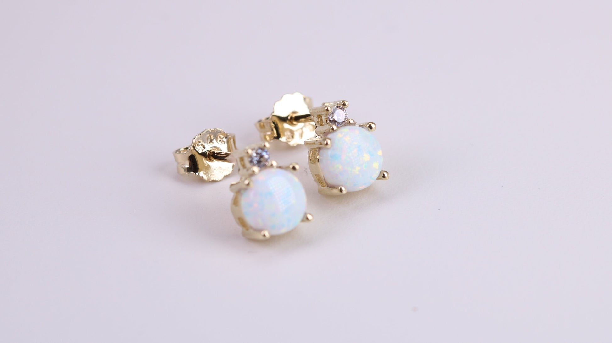 Natural Round cut Opal set and C Z set Stud Earrings Made from Solid Yellow Gold