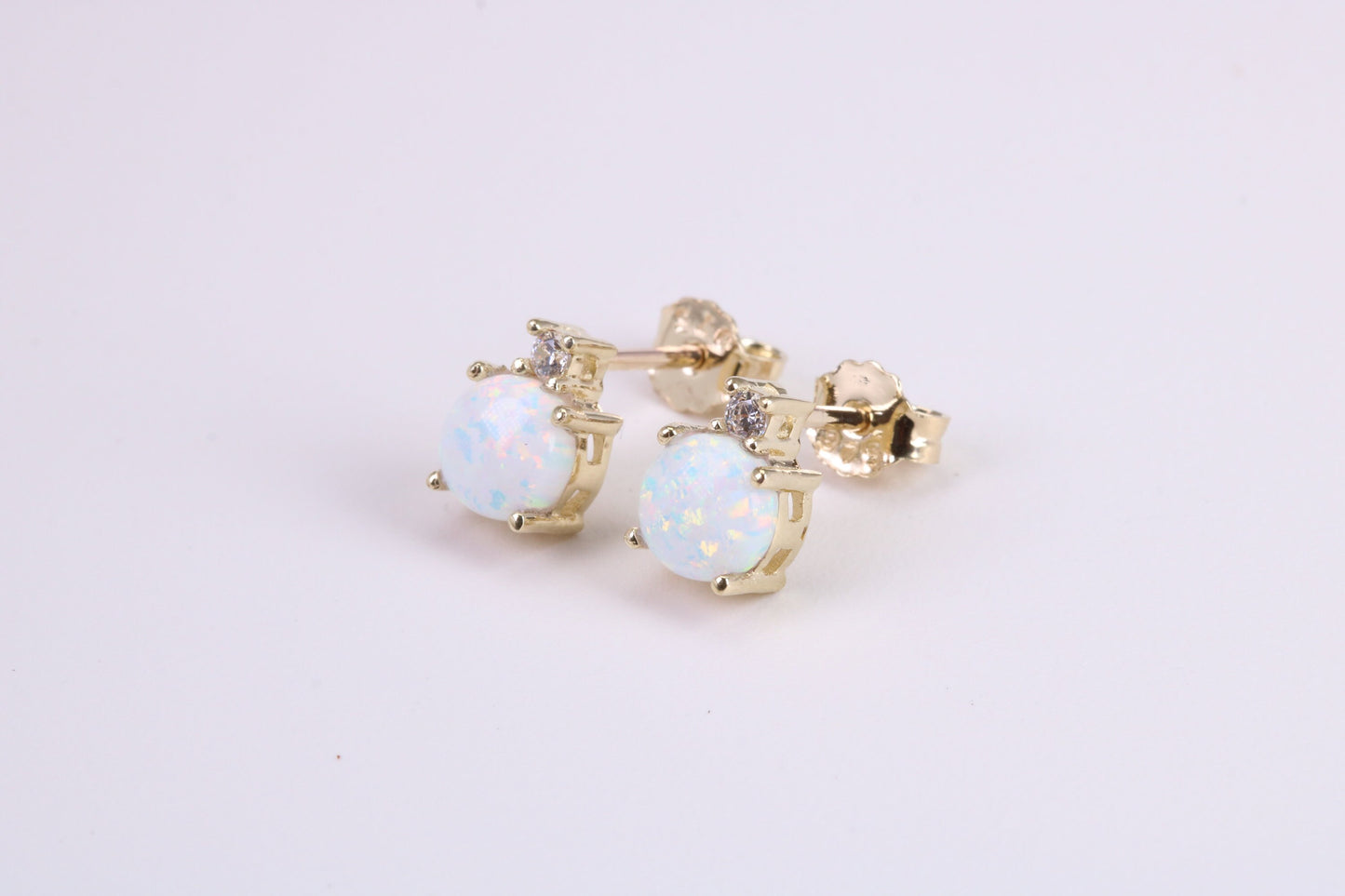 Natural Round cut Opal set and C Z set Stud Earrings Made from Solid Yellow Gold