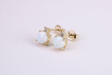 Natural Round cut Opal set and C Z set Stud Earrings Made from Solid Yellow Gold