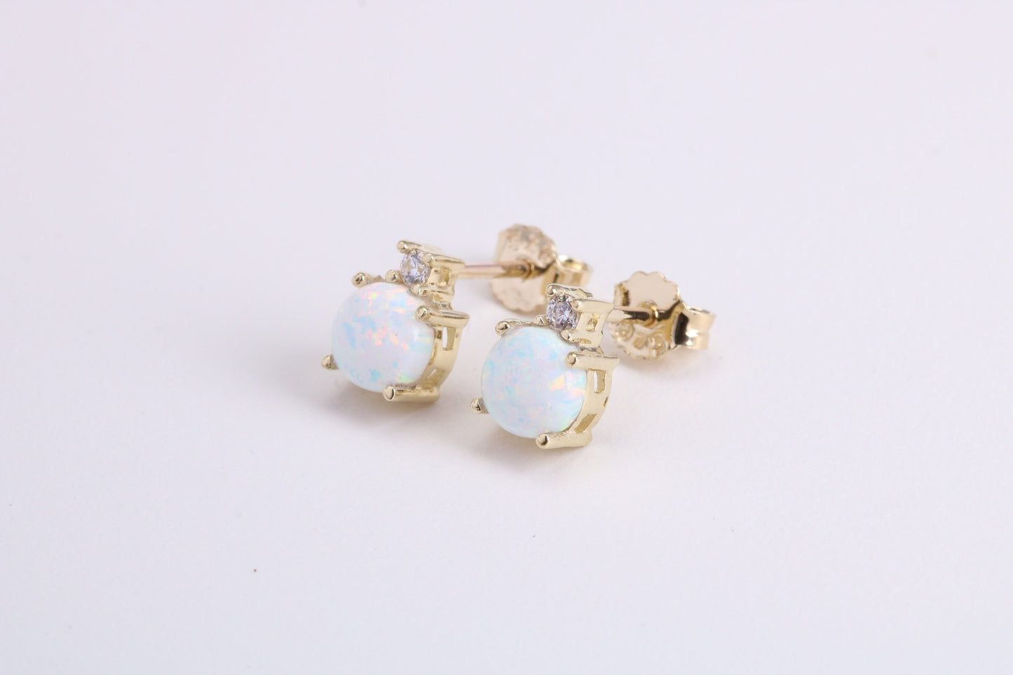 Natural Round cut Opal set and C Z set Stud Earrings Made from Solid Yellow Gold