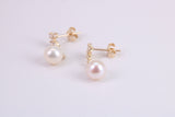 Natural Pearl Stud Dropper Earrings set in Solid Yellow Gold