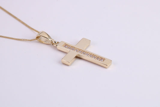 20 mm Long C Z set Cross Together with 18 Inch Long Chain, Made from Solid Yellow Gold with High Polished Finish