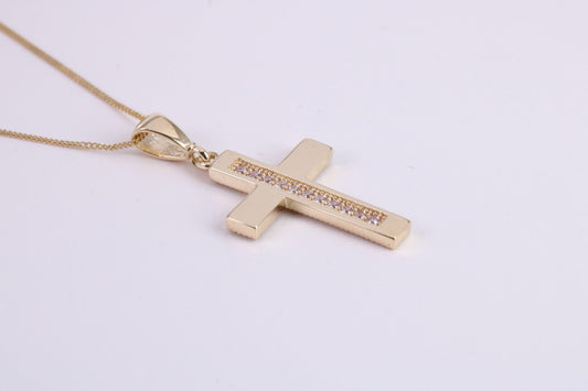 20 mm Long C Z set Cross Together with 18 Inch Long Chain, Made from Solid Yellow Gold with High Polished Finish