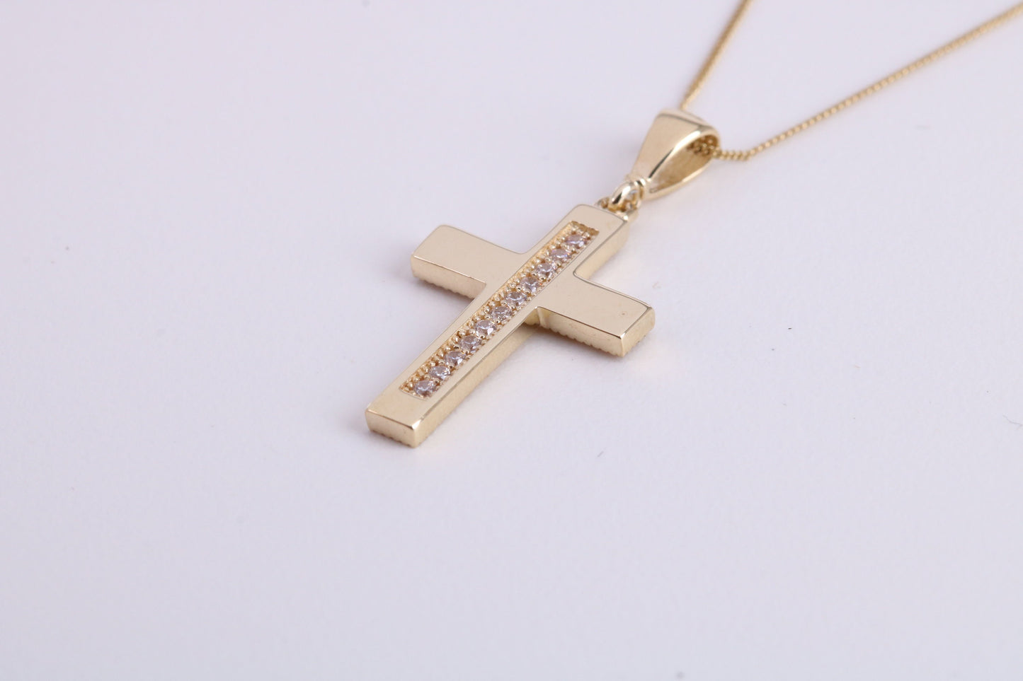 20 mm Long C Z set Cross Together with 18 Inch Long Chain, Made from Solid Yellow Gold with High Polished Finish
