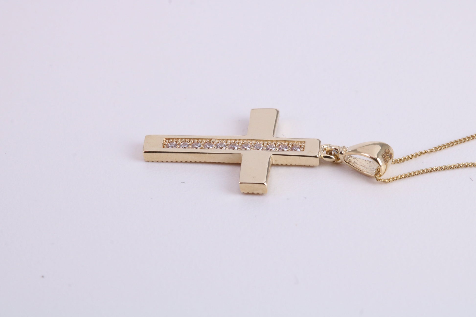 20 mm Long C Z set Cross Together with 18 Inch Long Chain, Made from Solid Yellow Gold with High Polished Finish