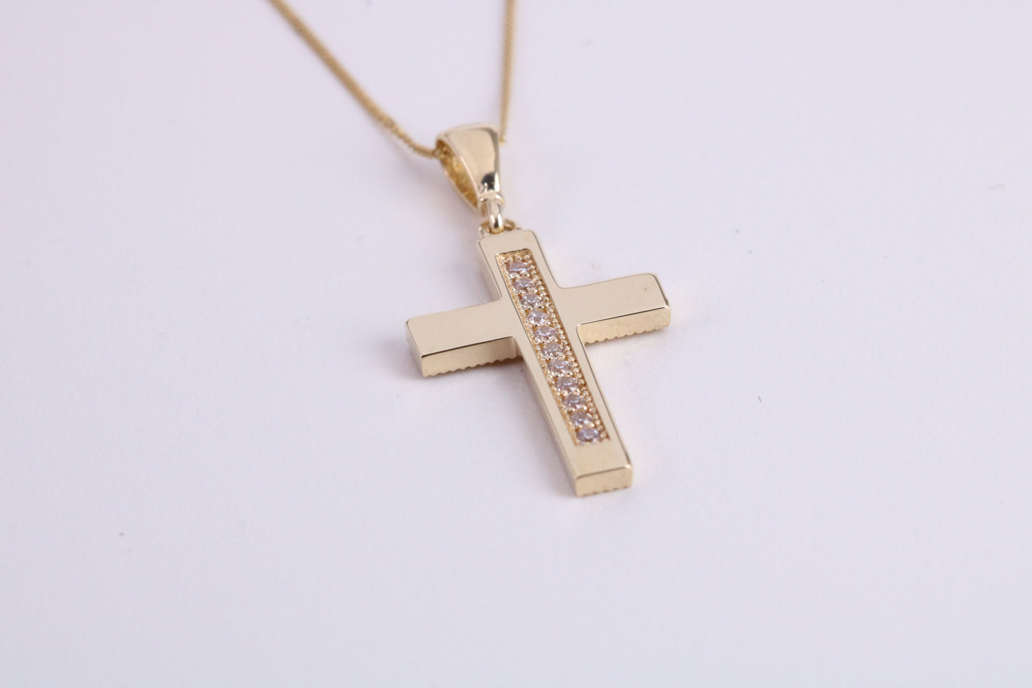 20 mm Long C Z set Cross Together with 18 Inch Long Chain, Made from Solid Yellow Gold with High Polished Finish
