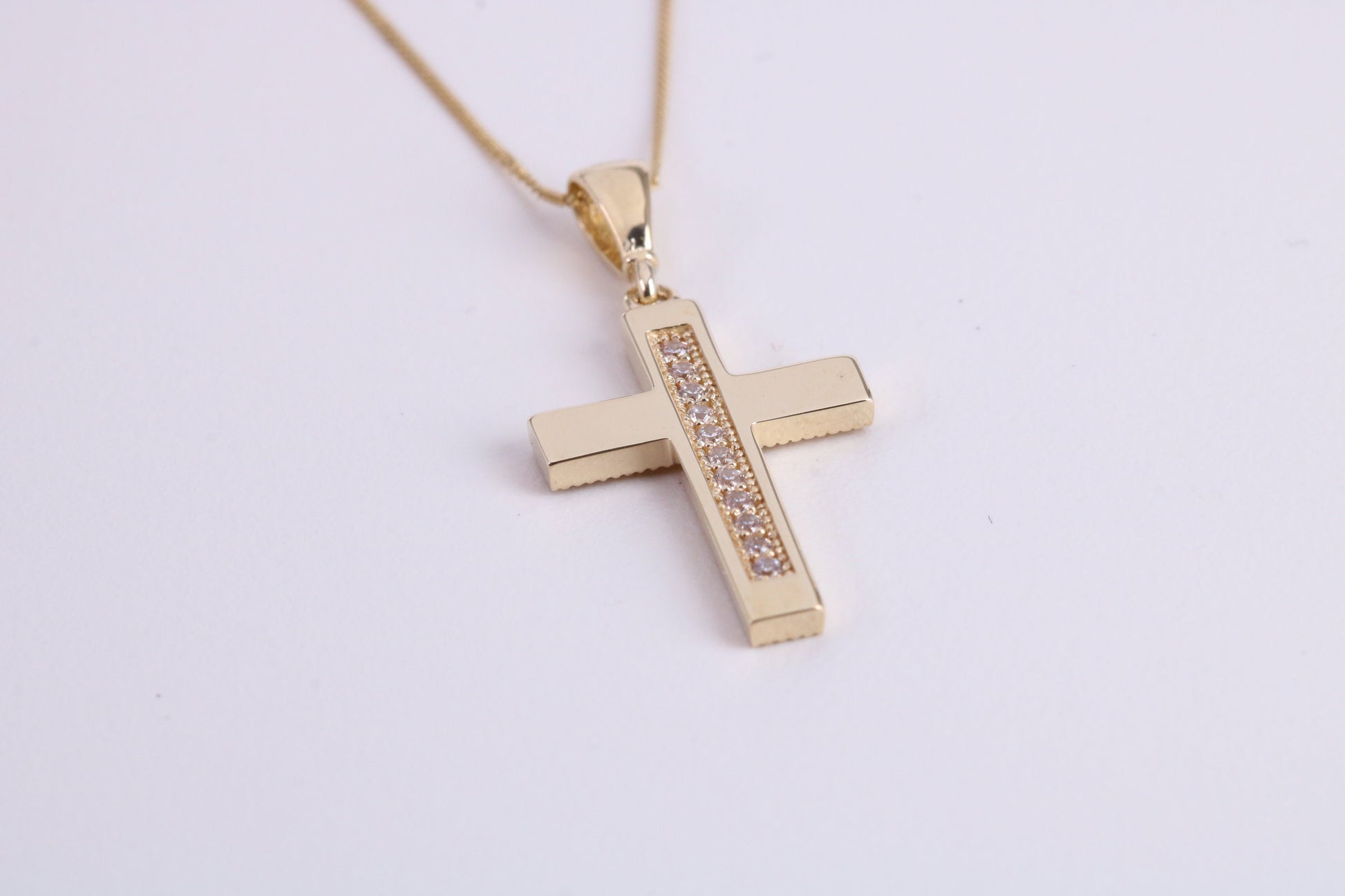 20 mm Long C Z set Cross Together with 18 Inch Long Chain, Made from Solid Yellow Gold with High Polished Finish
