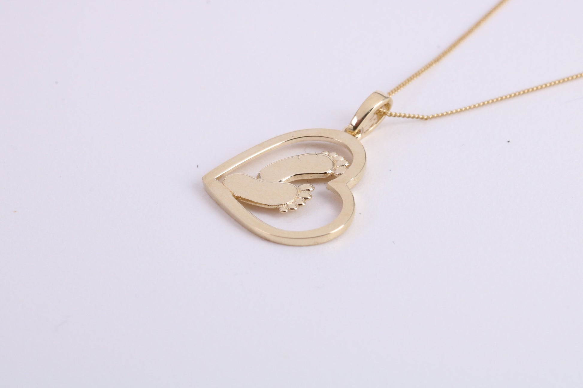 Love Heart with Footsteps Necklace Together with 18 Inch Long Chain, Made from Solid Yellow Gold with High Polished Finish