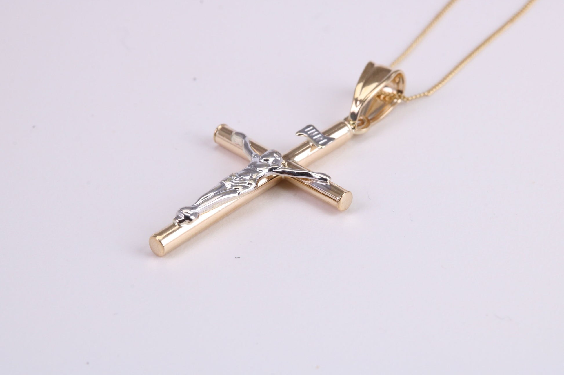 Two Tone Crucifix Necklace Together with 18 Inch Long Chain, Made from Solid Yellow Gold with High Polished Finish