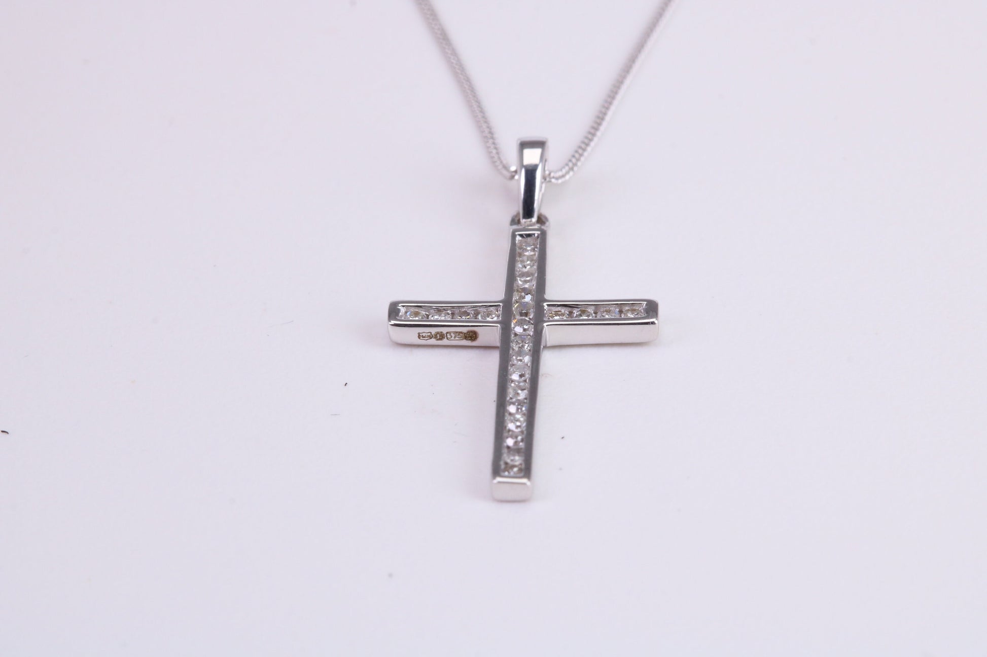 Natural Diamonds set Cross Necklace Together with 18 Inch Long Chain, Made from Solid White Gold with High Polished Finish