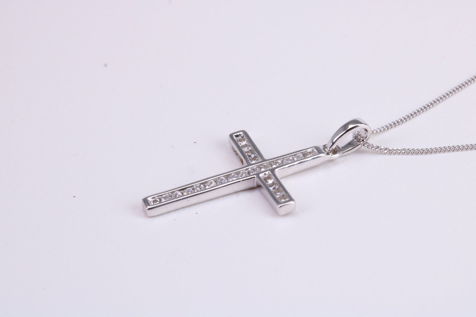 Natural Diamonds set Cross Necklace Together with 18 Inch Long Chain, Made from Solid White Gold with High Polished Finish