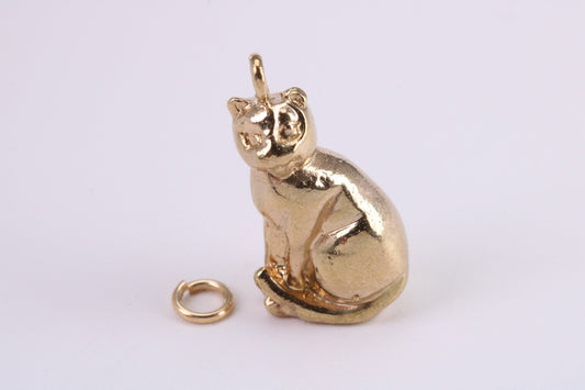 Large Sitting Cat Charm, Traditional Charm, Made from Solid Yellow Gold, British Hallmarked, Complete with Attachment Link