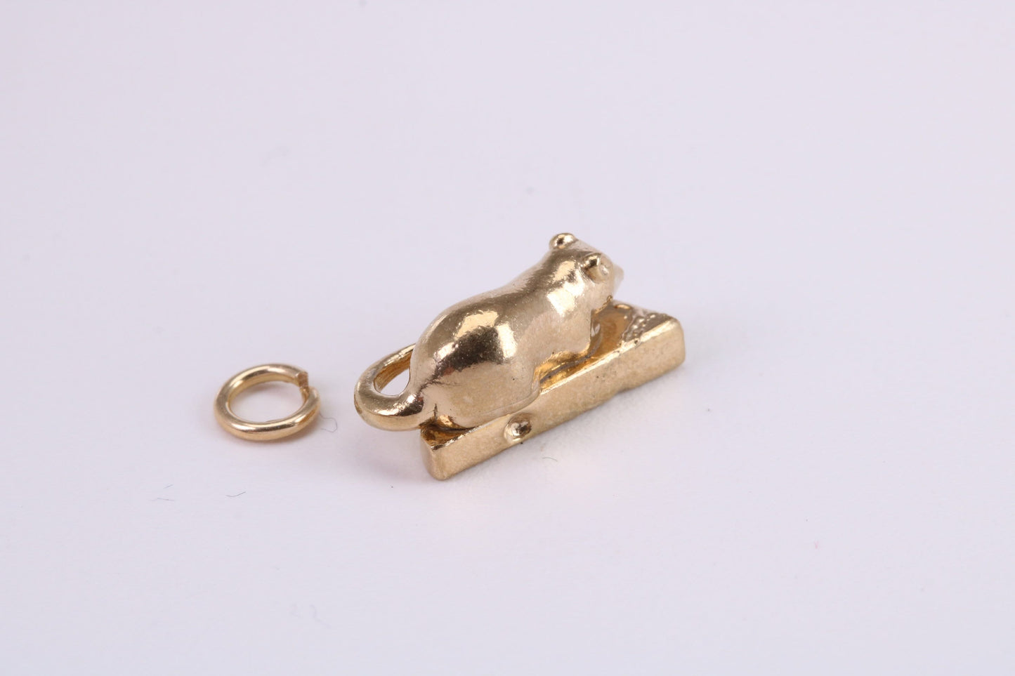 Mouse Eating Cheese Charm, Traditional Charm, Made from Solid Yellow Gold, British Hallmarked, Complete with Attachment Link