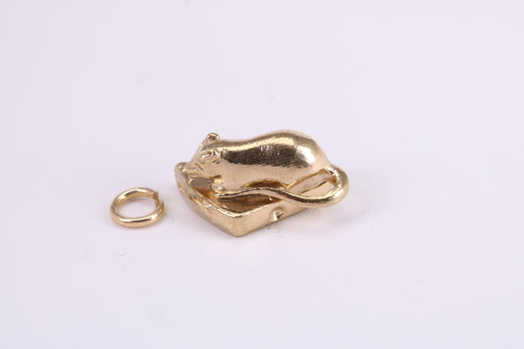 Mouse Eating Cheese Charm, Traditional Charm, Made from Solid Yellow Gold, British Hallmarked, Complete with Attachment Link