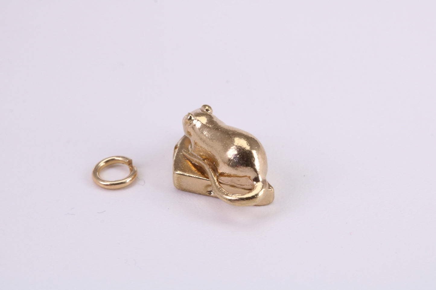 Mouse Eating Cheese Charm, Traditional Charm, Made from Solid Yellow Gold, British Hallmarked, Complete with Attachment Link