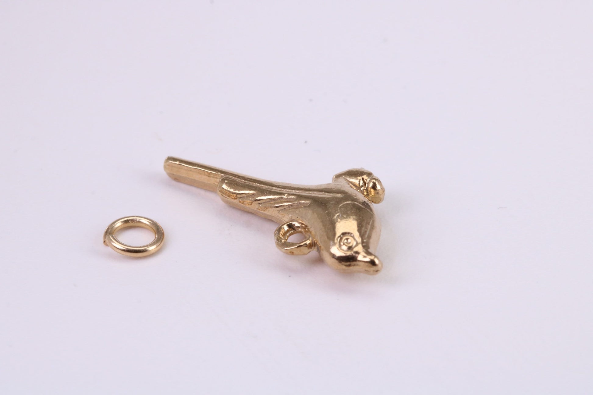 Long Tailed Bird Charm, Traditional Charm, Made from Solid Yellow Gold, British Hallmarked, Complete with Attachment Link