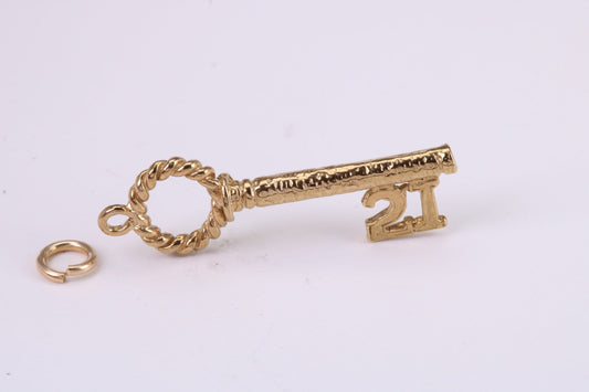 21st Birthday Key Charm, Traditional Charm, Made from Solid Yellow Gold, British Hallmarked, Complete with Attachment Link