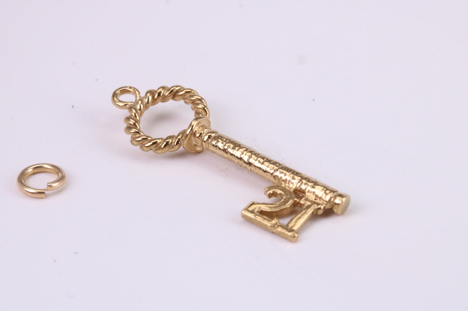 21st Birthday Key Charm, Traditional Charm, Made from Solid Yellow Gold, British Hallmarked, Complete with Attachment Link