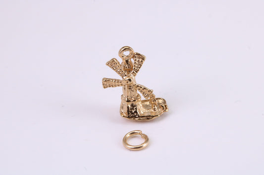 Windmill Charm, Traditional Charm, Made from Solid Yellow Gold, British Hallmarked, Complete with Attachment Link