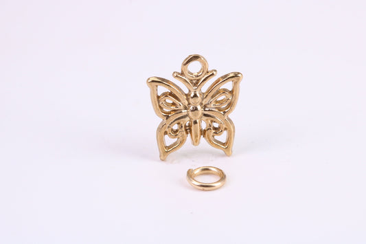 Butterfly Charm, Traditional Charm, Made from Solid Yellow Gold, British Hallmarked, Complete with Attachment Link