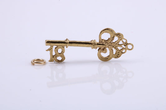 18th Birthday Key Charm, Traditional Charm, Made from Solid Yellow Gold, British Hallmarked, Complete with Attachment Link