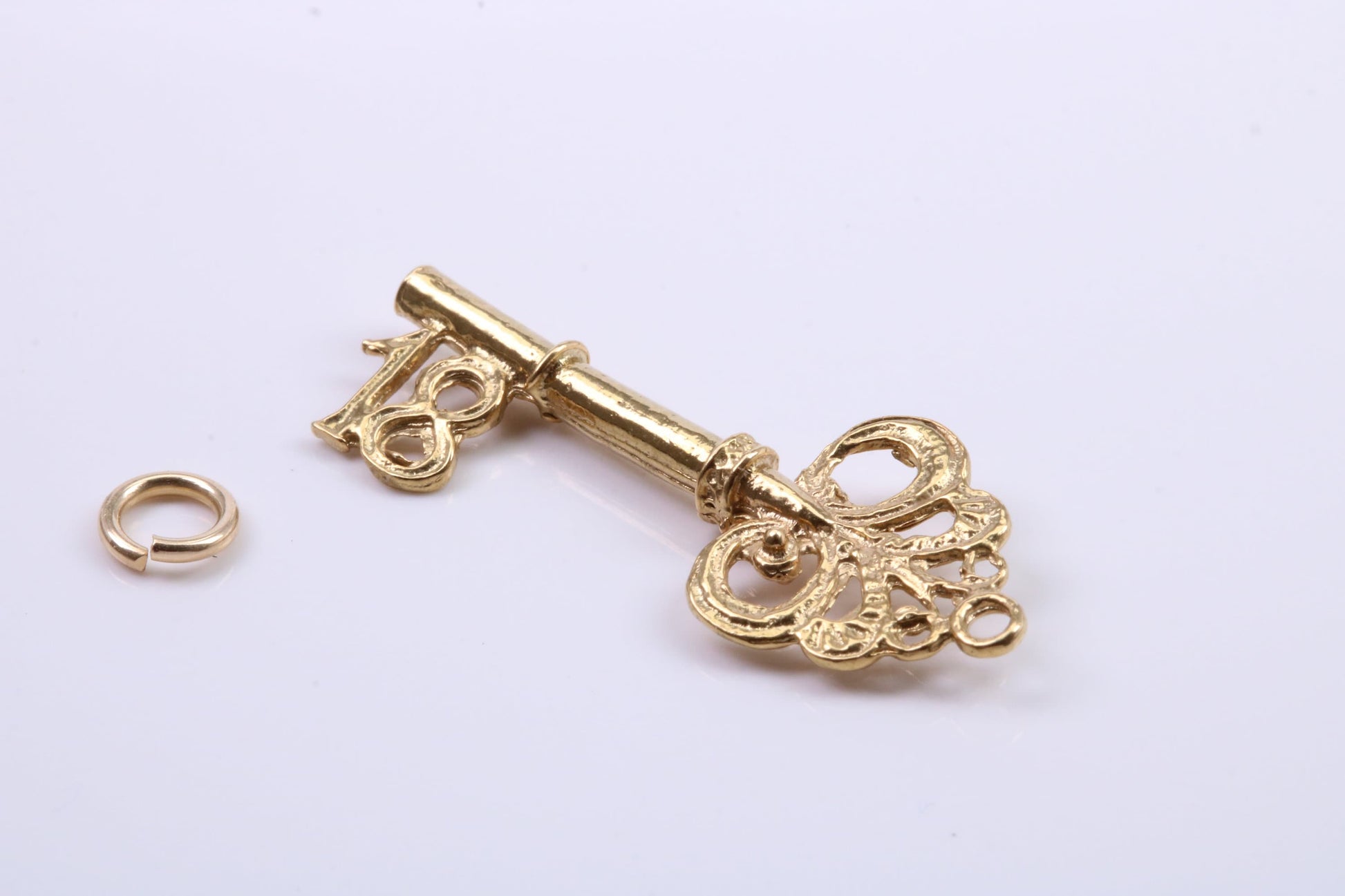 18th Birthday Key Charm, Traditional Charm, Made from Solid Yellow Gold, British Hallmarked, Complete with Attachment Link