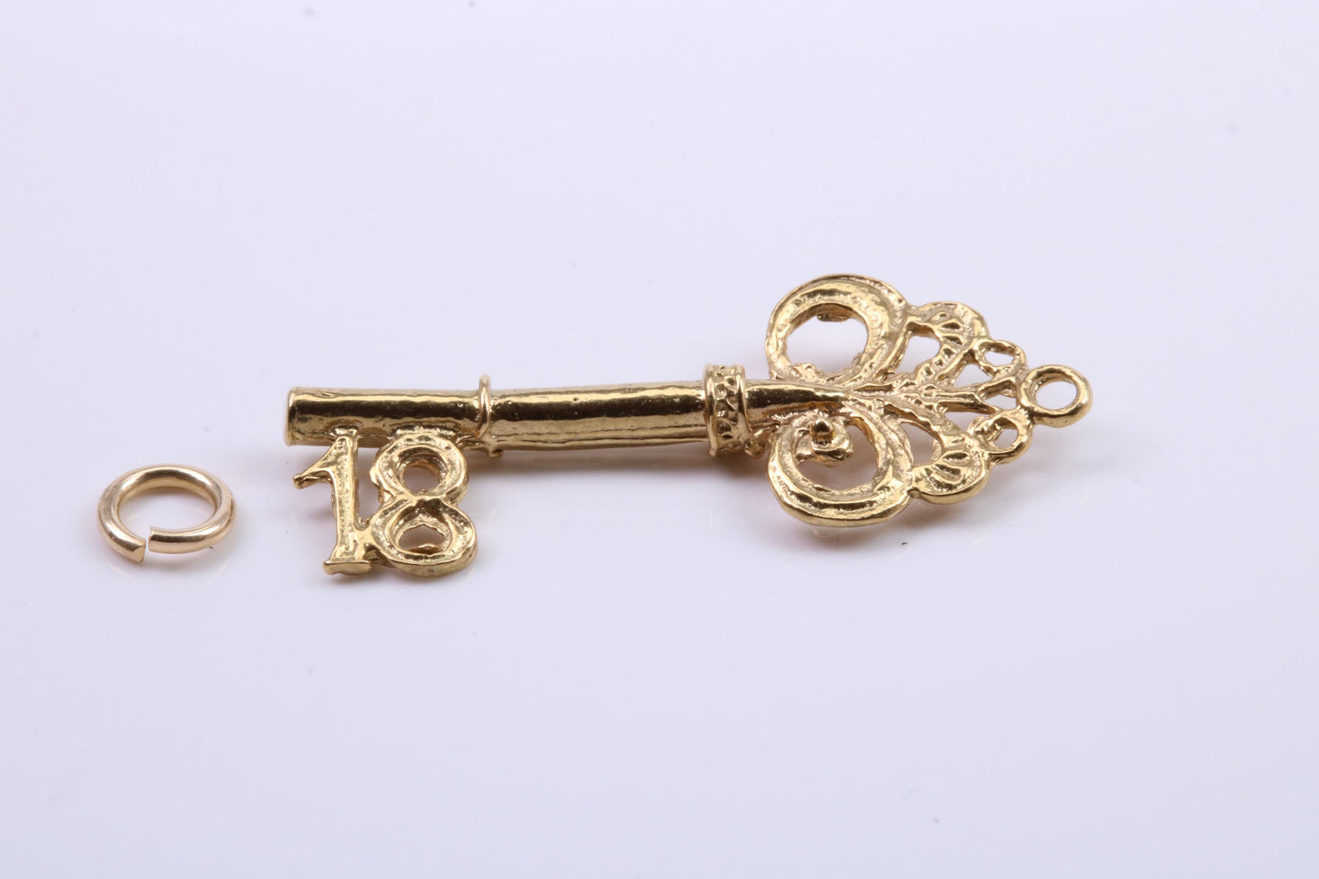 18th Birthday Key Charm, Traditional Charm, Made from Solid Yellow Gold, British Hallmarked, Complete with Attachment Link