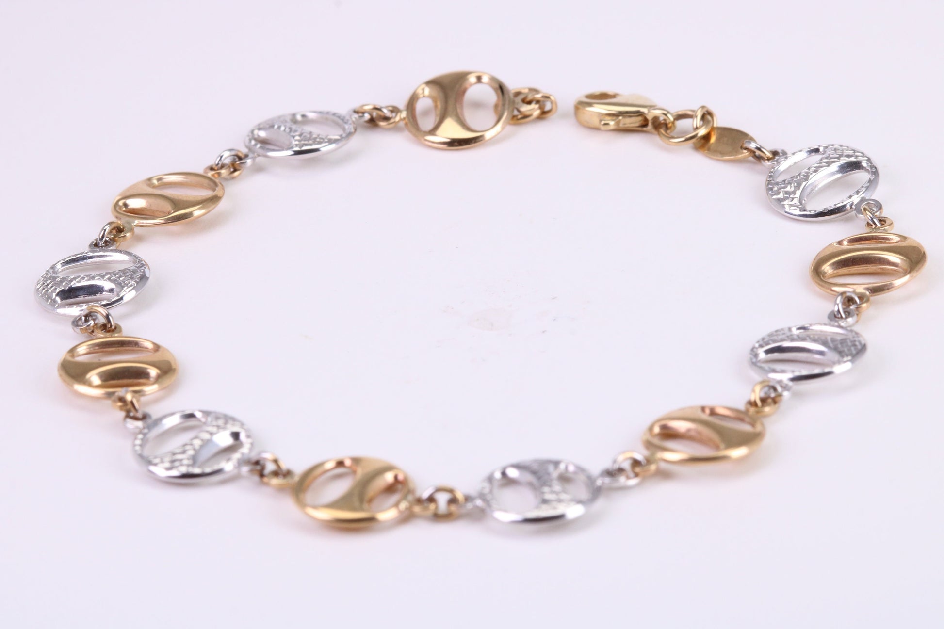 Round Patterned Link Bracelet, Made From Solid Yellow and White Gold, British Hallmarked, Luxury Gift Boxed