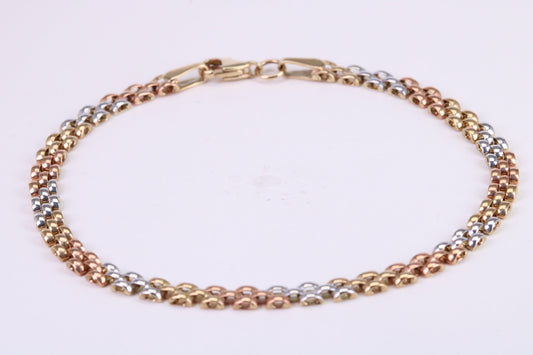 Three Tone Link Bracelet, Made From Solid Yellow, Rose and White Gold, British Hallmarked, Luxury Gift Boxed