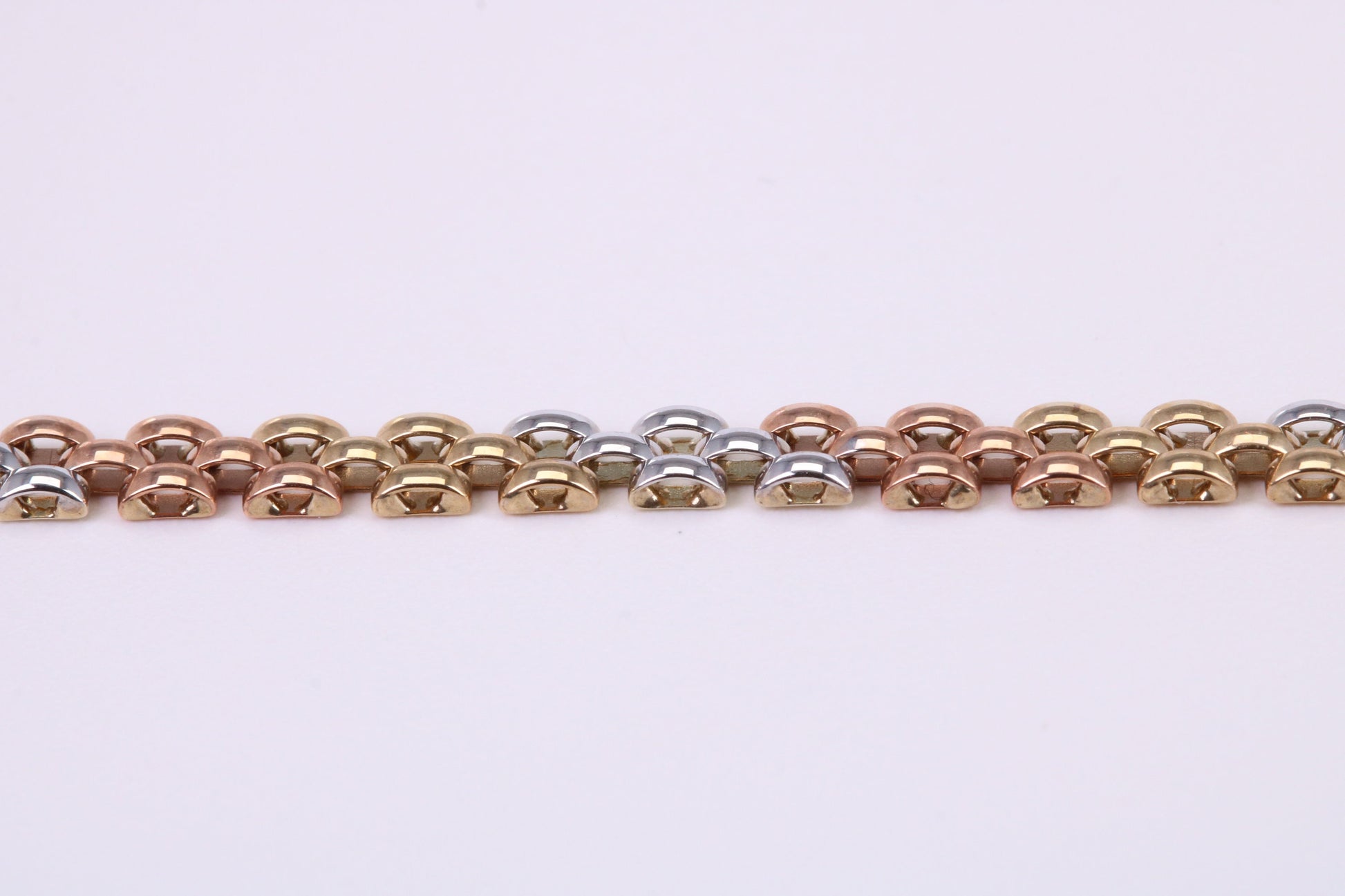Three Tone Link Bracelet, Made From Solid Yellow, Rose and White Gold, British Hallmarked, Luxury Gift Boxed