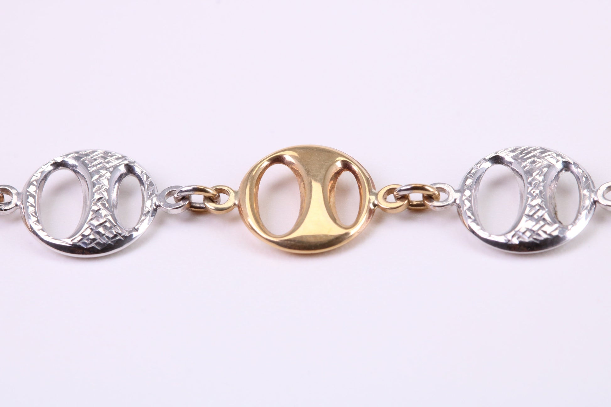 Round Patterned Link Bracelet, Made From Solid Yellow and White Gold, British Hallmarked, Luxury Gift Boxed