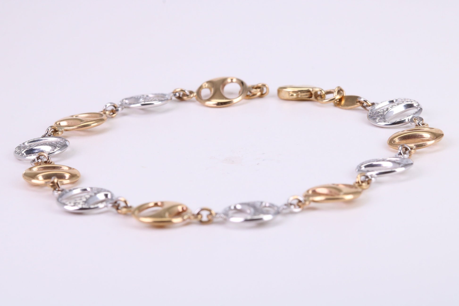 Round Patterned Link Bracelet, Made From Solid Yellow and White Gold, British Hallmarked, Luxury Gift Boxed