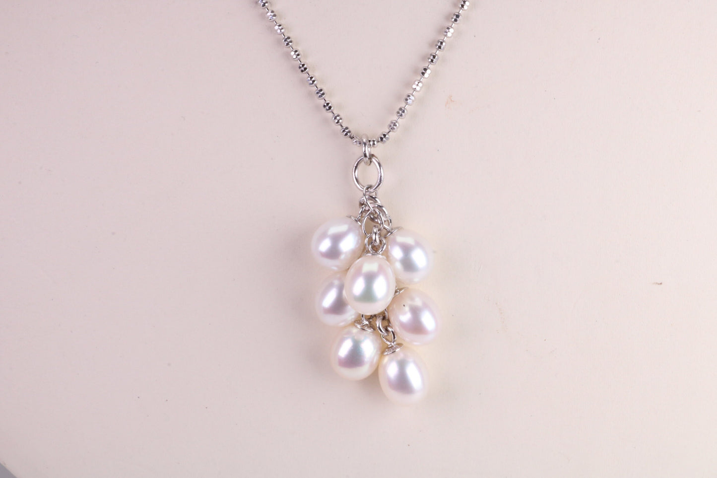 20 Inches Long Natural Pearl Necklace set in Solid Silver, 7 Natural Pearls Bunched Together