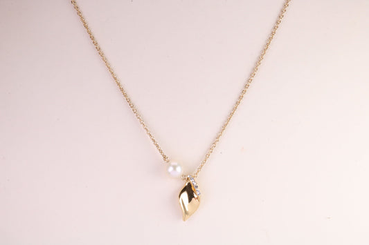 Natural Pearl and Cubic Zirconia set Necklace set in Solid Silver, 18ct Yellow Gold Plated, Length Adjustable Chain