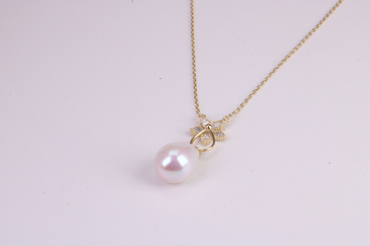 Natural Pearl and Cubic Zirconia set Necklace set in Solid Silver, 18ct Yellow Gold Plated, Length Adjustable Chain