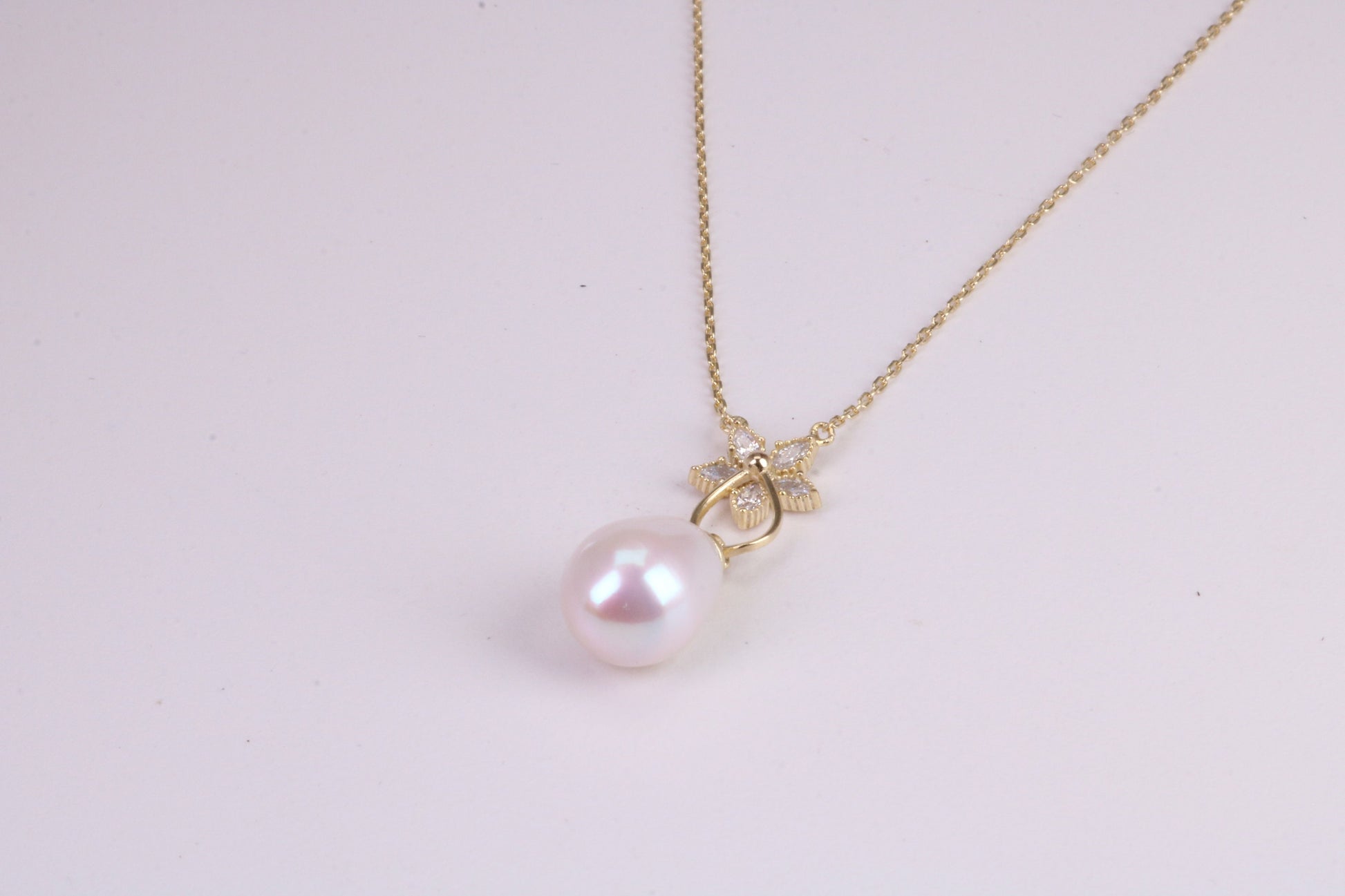 Natural Pearl and Cubic Zirconia set Necklace set in Solid Silver, 18ct Yellow Gold Plated, Length Adjustable Chain