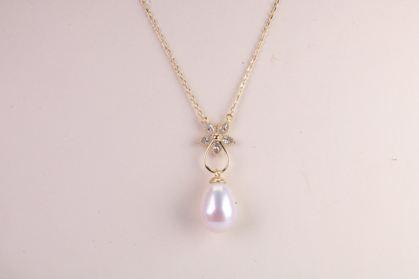 Natural Pearl and Cubic Zirconia set Necklace set in Solid Silver, 18ct Yellow Gold Plated, Length Adjustable Chain