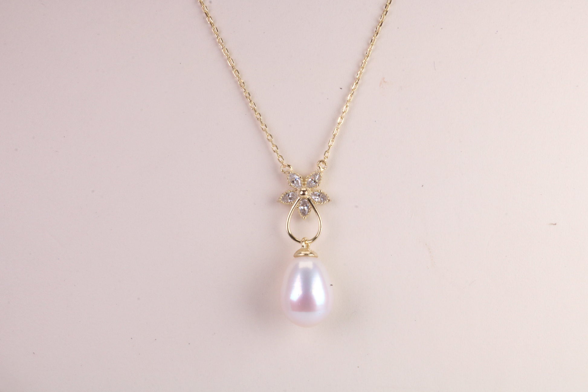 Natural Pearl and Cubic Zirconia set Necklace set in Solid Silver, 18ct Yellow Gold Plated, Length Adjustable Chain