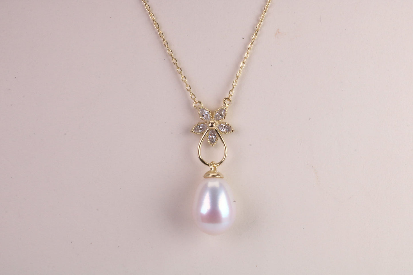 Natural Pearl and Cubic Zirconia set Necklace set in Solid Silver, 18ct Yellow Gold Plated, Length Adjustable Chain