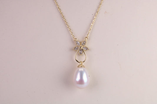 Natural Pearl and Cubic Zirconia set Necklace set in Solid Silver, 18ct Yellow Gold Plated, Length Adjustable Chain