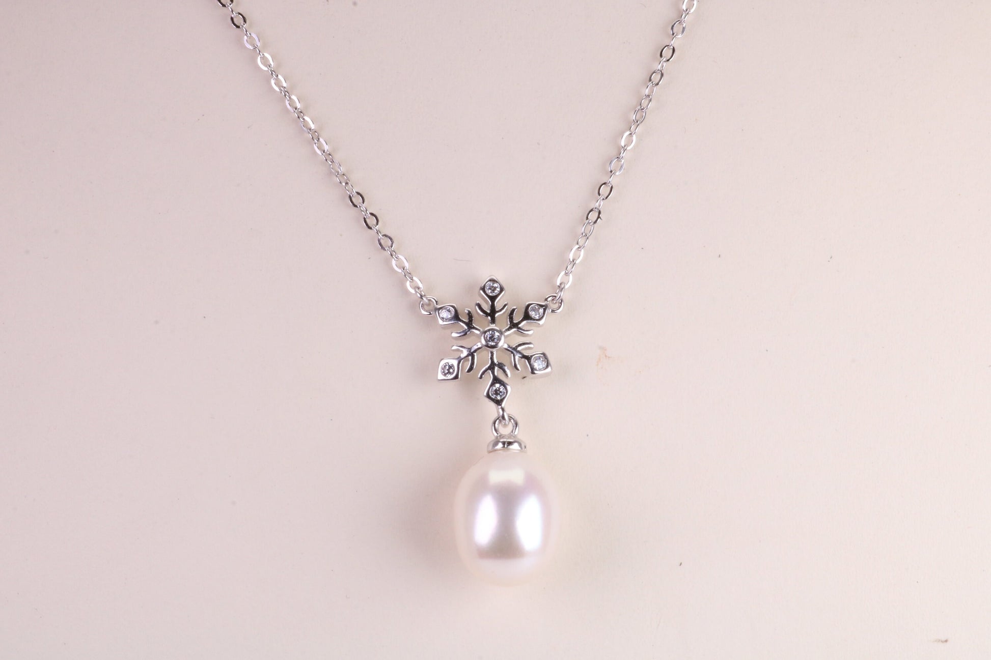 Natural Pearl and Cubic Zirconia set Necklace set in Solid Silver, 18ct Yellow Gold Plated, Length Adjustable Chain