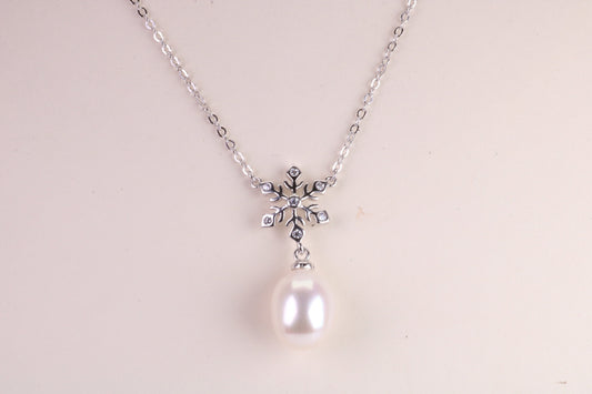 Natural Pearl and Cubic Zirconia set Necklace set in Solid Silver, 18ct Yellow Gold Plated, Length Adjustable Chain