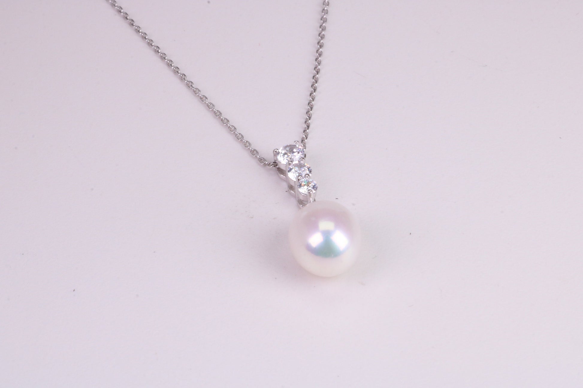 Natural Pearl and Cubic Zirconia set Necklace set in Solid Silver, 18ct Yellow Gold Plated, Length Adjustable Chain