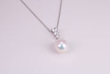 Natural Pearl and Cubic Zirconia set Necklace set in Solid Silver, 18ct Yellow Gold Plated, Length Adjustable Chain