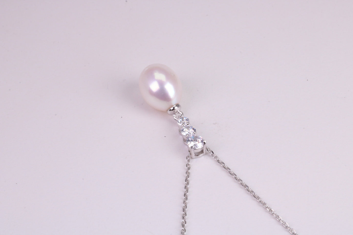 Natural Pearl and Cubic Zirconia set Necklace set in Solid Silver, 18ct Yellow Gold Plated, Length Adjustable Chain