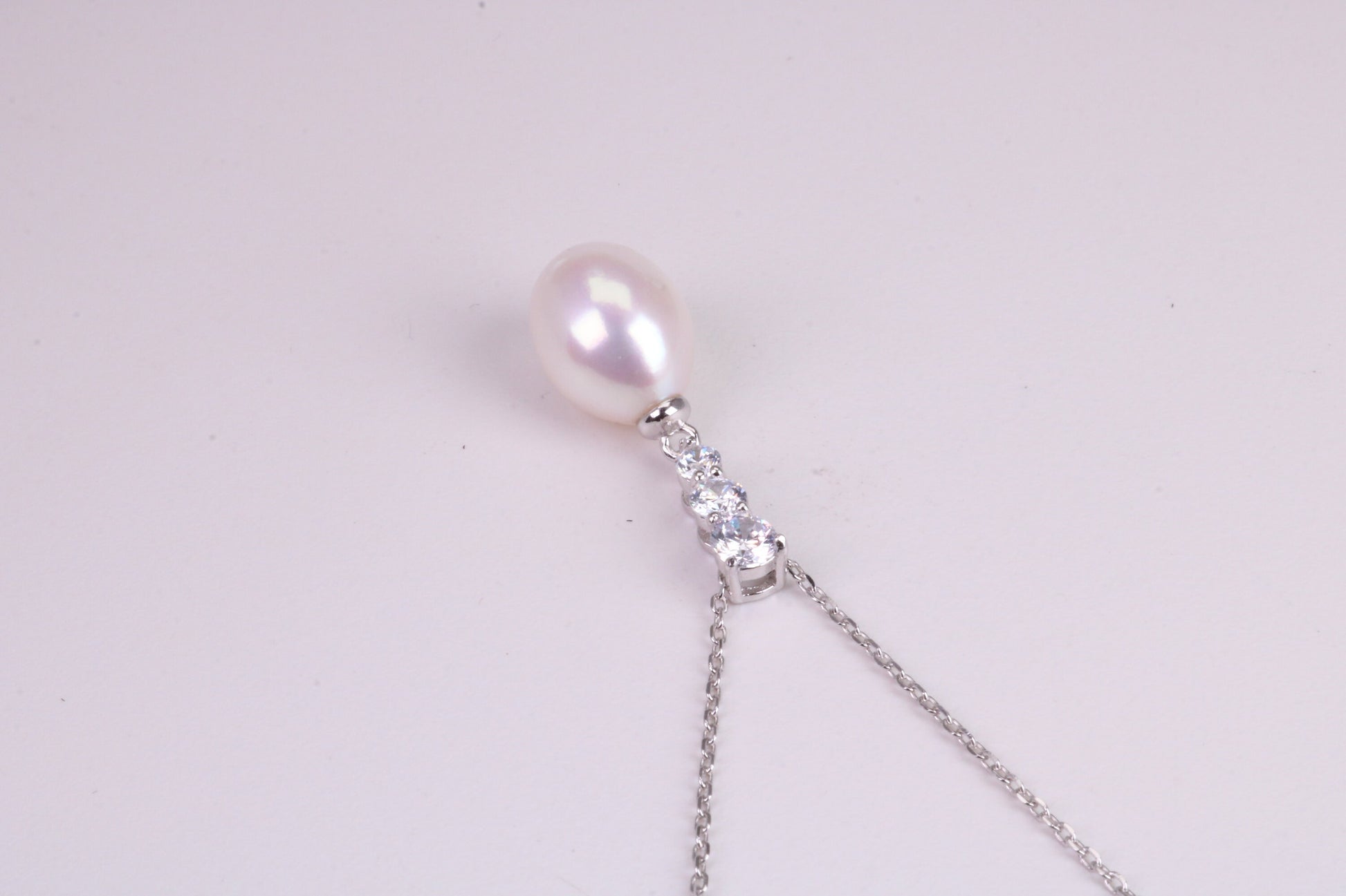 Natural Pearl and Cubic Zirconia set Necklace set in Solid Silver, 18ct Yellow Gold Plated, Length Adjustable Chain