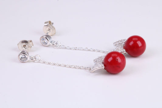 45 mm Long Natural Red Coral and Cubic Zirconia set Dropper Earrings, set in Solid Silver