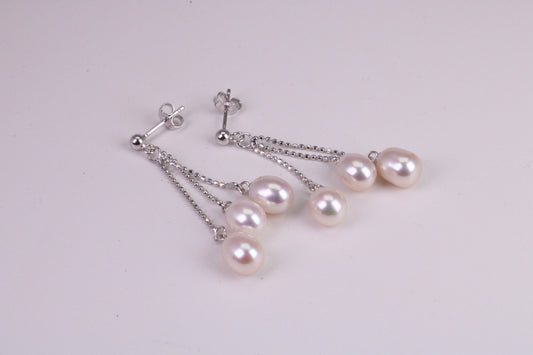 40 mm Long Natural Pearl set Dropper Earrings, set in Solid Silver